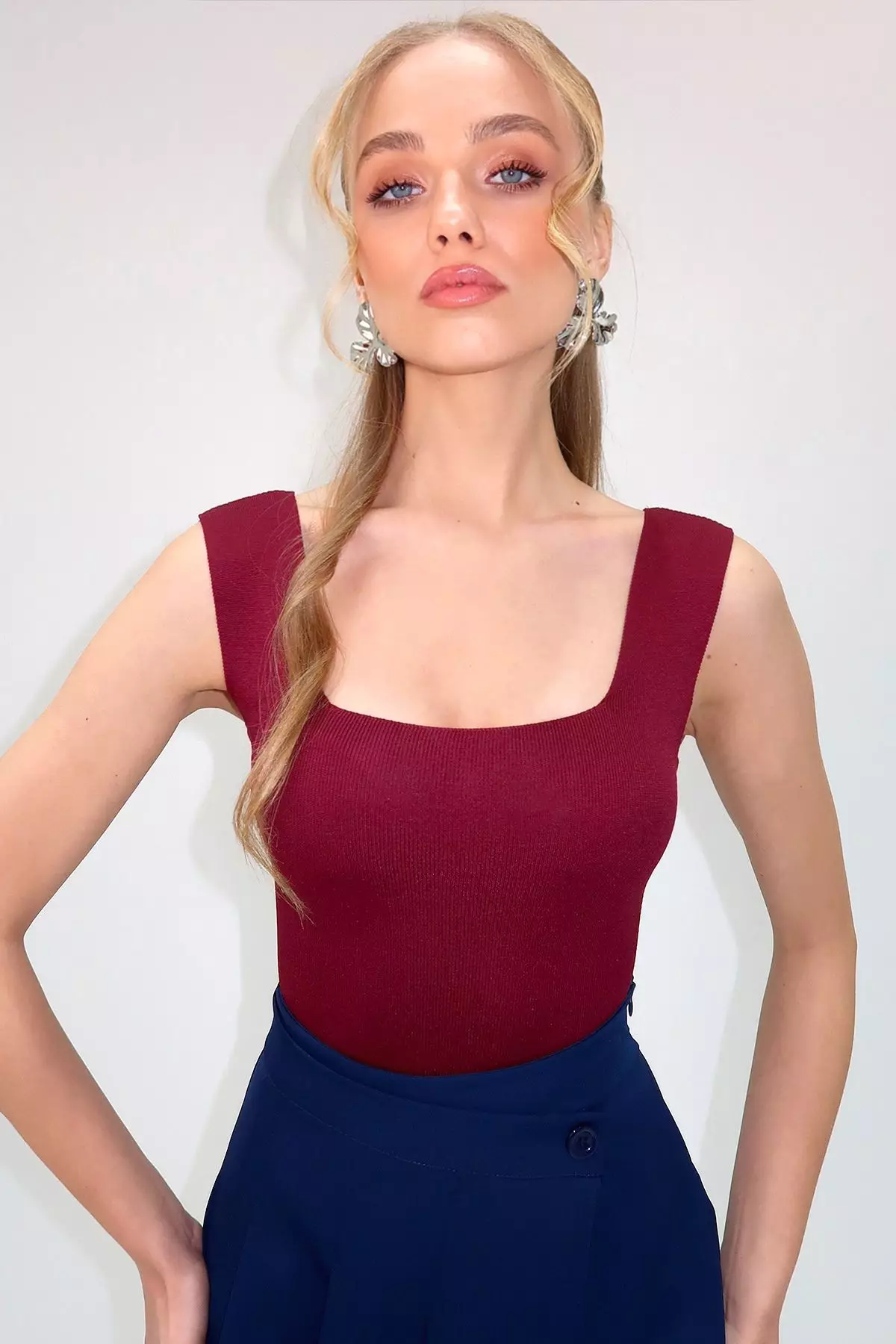 Women's Grey - Plum Square Collar Seasonal Mercerized 2 Piece Knitted Blouse