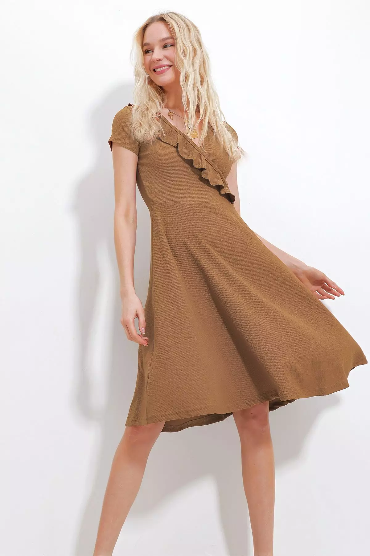 Women's Brown V-Neck Frilly Midilength Knitted Dress