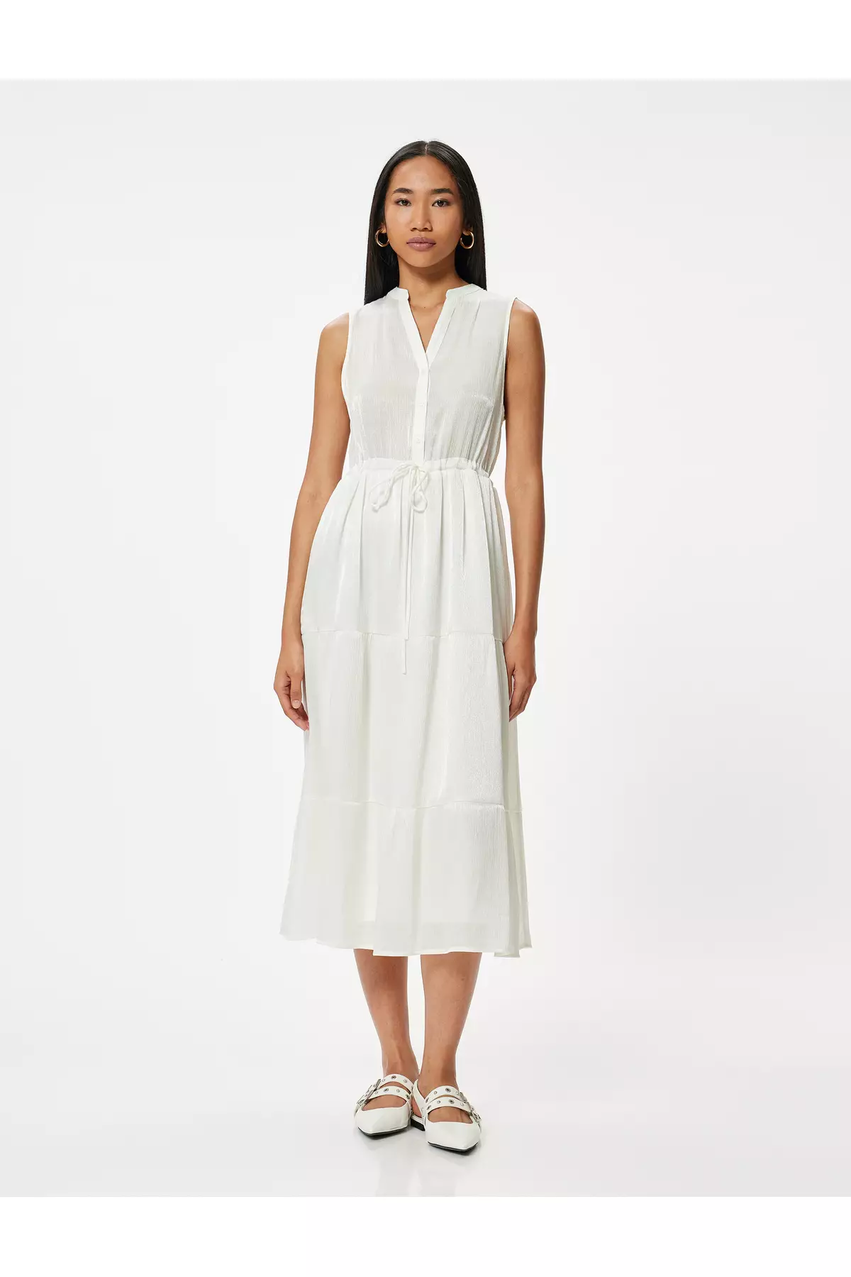 Sleeveless Midi Length Viscose Dress Shiny Tie Waist Lined