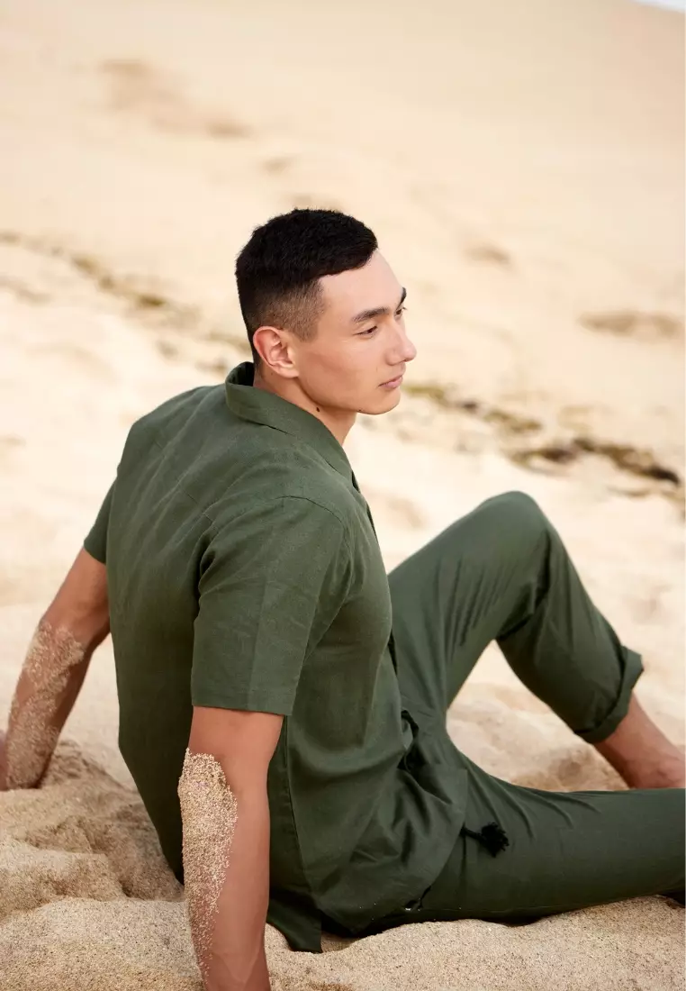 Seaweed Set Kemeja Celana Linen Pria Hijau Tua | Linen Set Men Dark Green