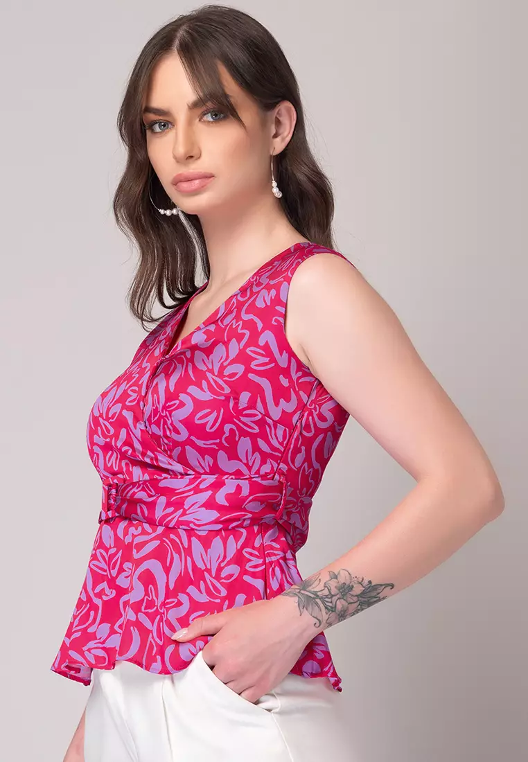 Pink Abstract Print Wrap Peplum Top