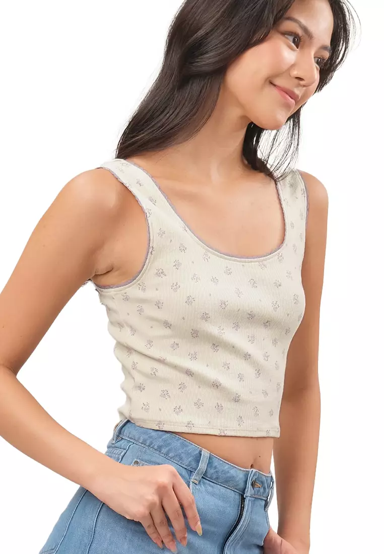 Ditsy Floral Ribbed Tank Top With Lace