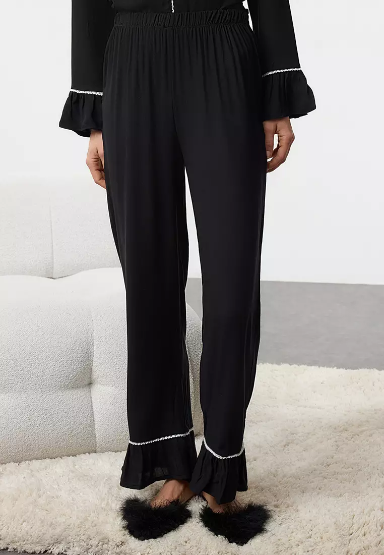 Lace and Flounce Detail Woven Pajama Set