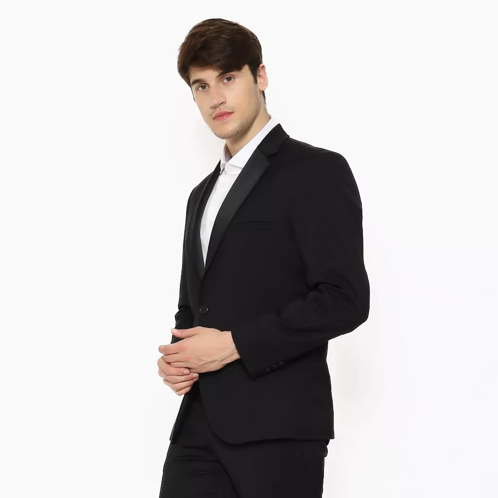 Lawell Jas Pria Hitam Tuxedo Formal Elegan – Regular Fit | Polyester Viscose Stretch | Motif Twill Kecil | Kancing 1 | TUXEDO