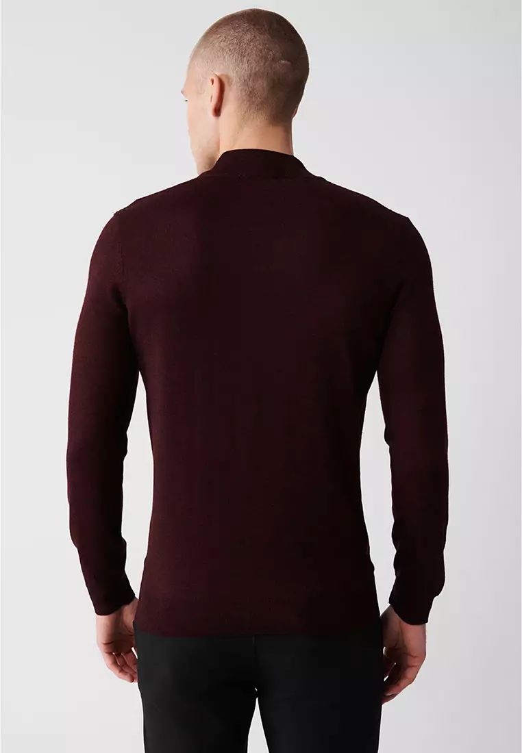 Men's Burgundy Half Turtleneck Wool Blended Front Patterned Knitwear Sweater A32Y5193