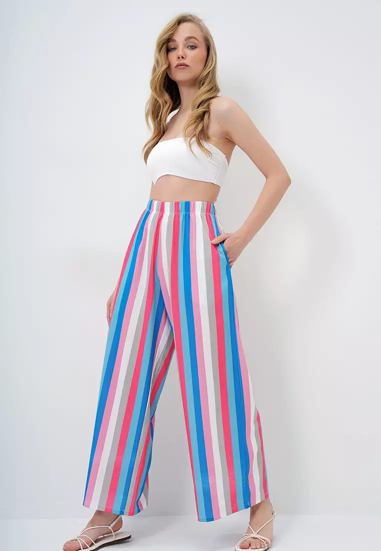 Women's Pink Blue Double Pocket Line Patterned Wide Leg Summer Trousers Alc-X14142