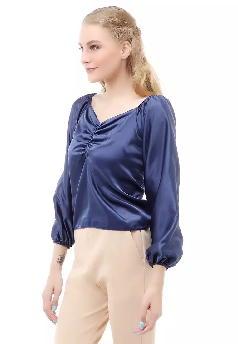 Cheva Blouse Casual Wanita Sabrina Kerut Dada Lengan Panjang Material Satin ORIGINAL - Navy