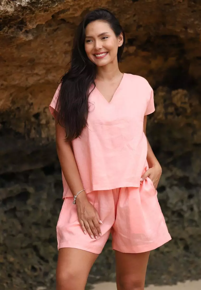 Lona Blouse Linen Wanita Salem | Linen Blouse Women Peach