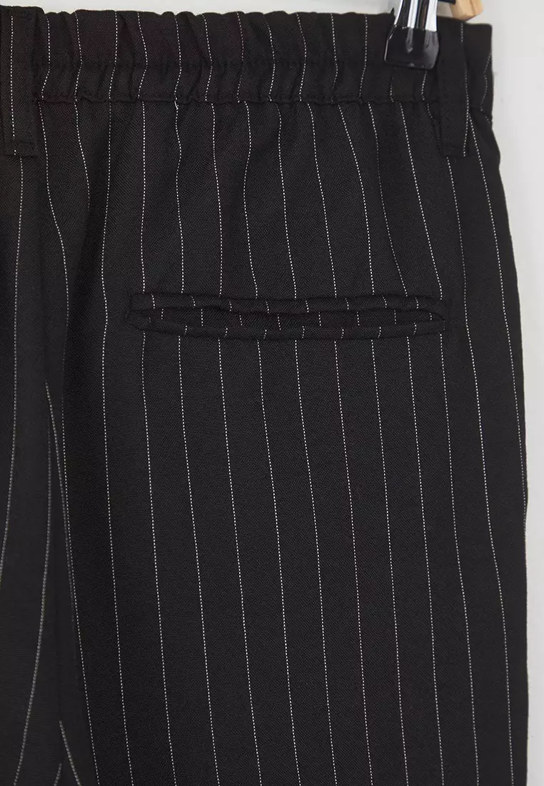 Black Striped Pleated Classic Baggy Fit Fabric Pants Tmnss24Pl00024