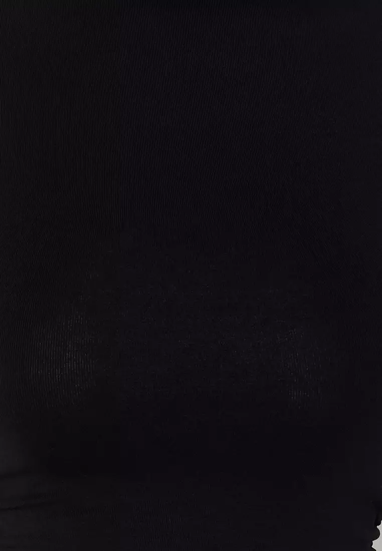 Black Stand Collar Gather/Drape Detailed Fitted/Asymmetrical Knitted Blouse TWOSS24BZ00534