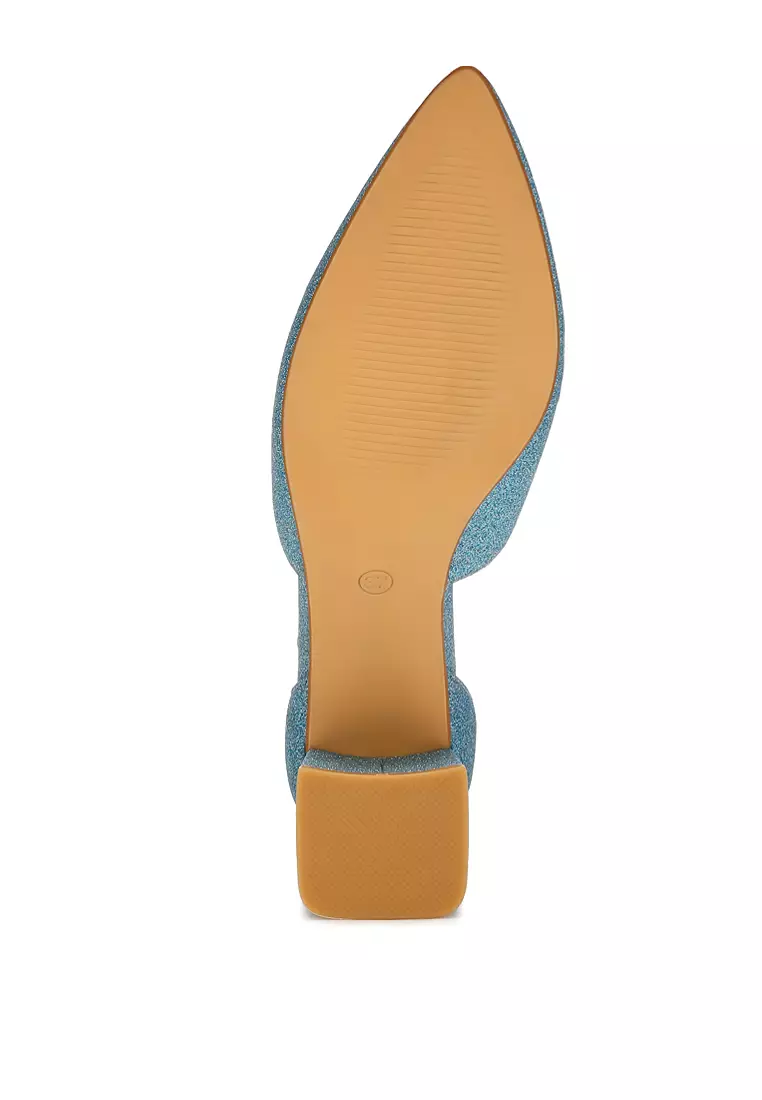 Sandal Tumit Blok Berkilau Warna Biru