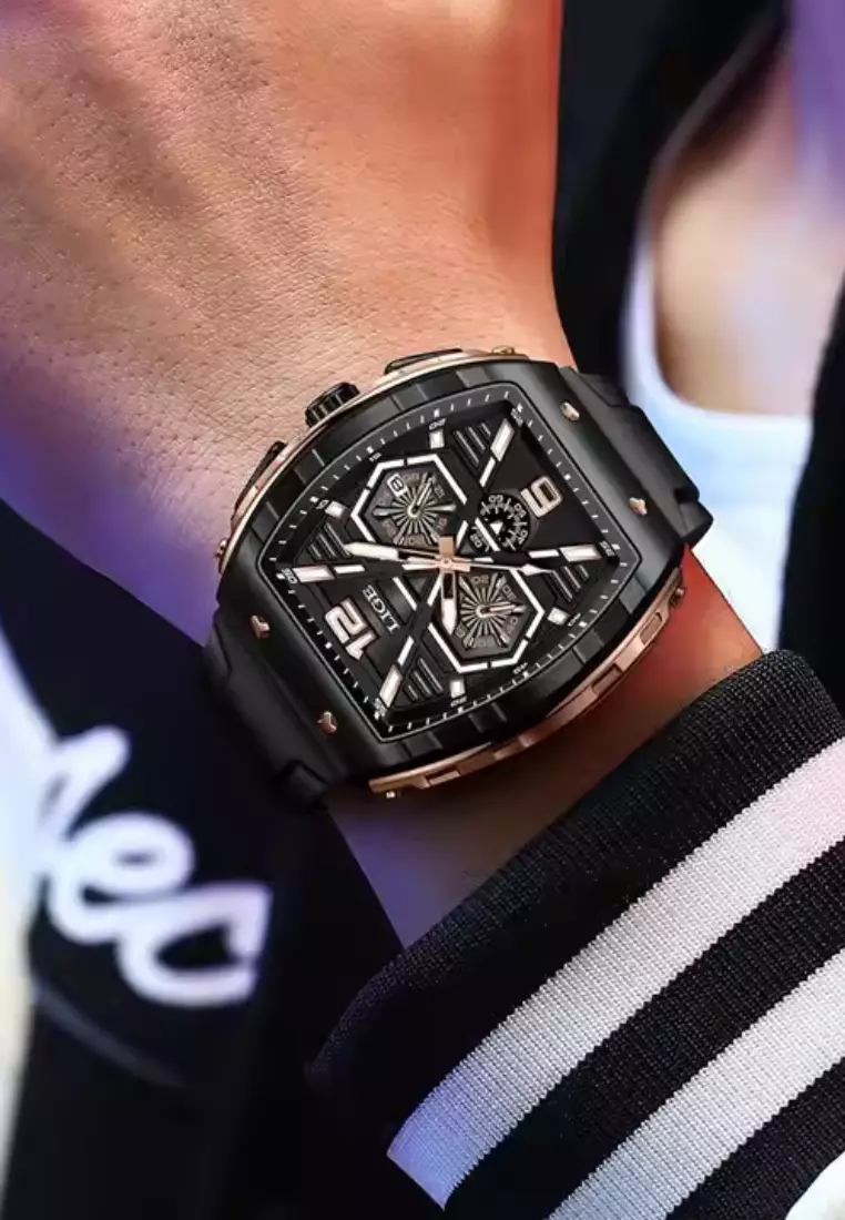 Unisex Tonneau Shaped IP Rose Gold Quartz Watch, Rubber Strap