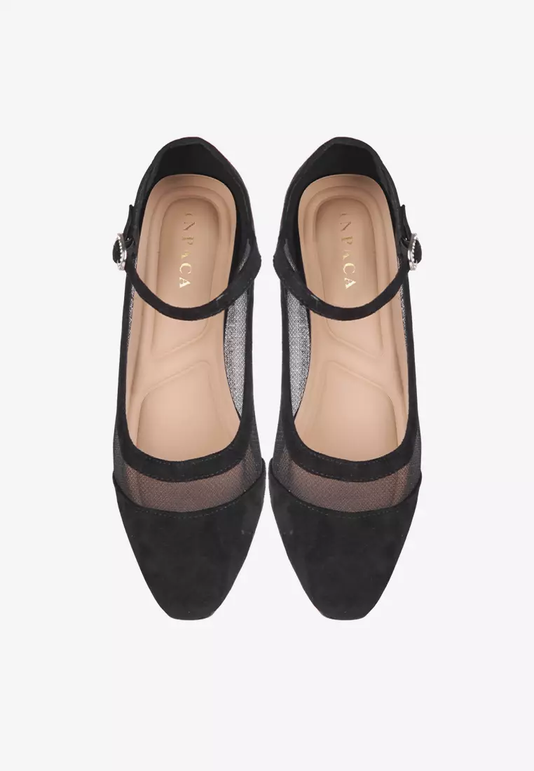 Elora Transparent Mesh Suede Block Heels Mary Jane in Black