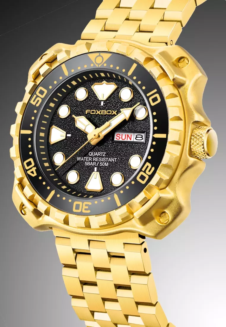 Buy LIGE FOXBOX Unisex IP Gold Stainless Steel Diver's Quartz Watch ...