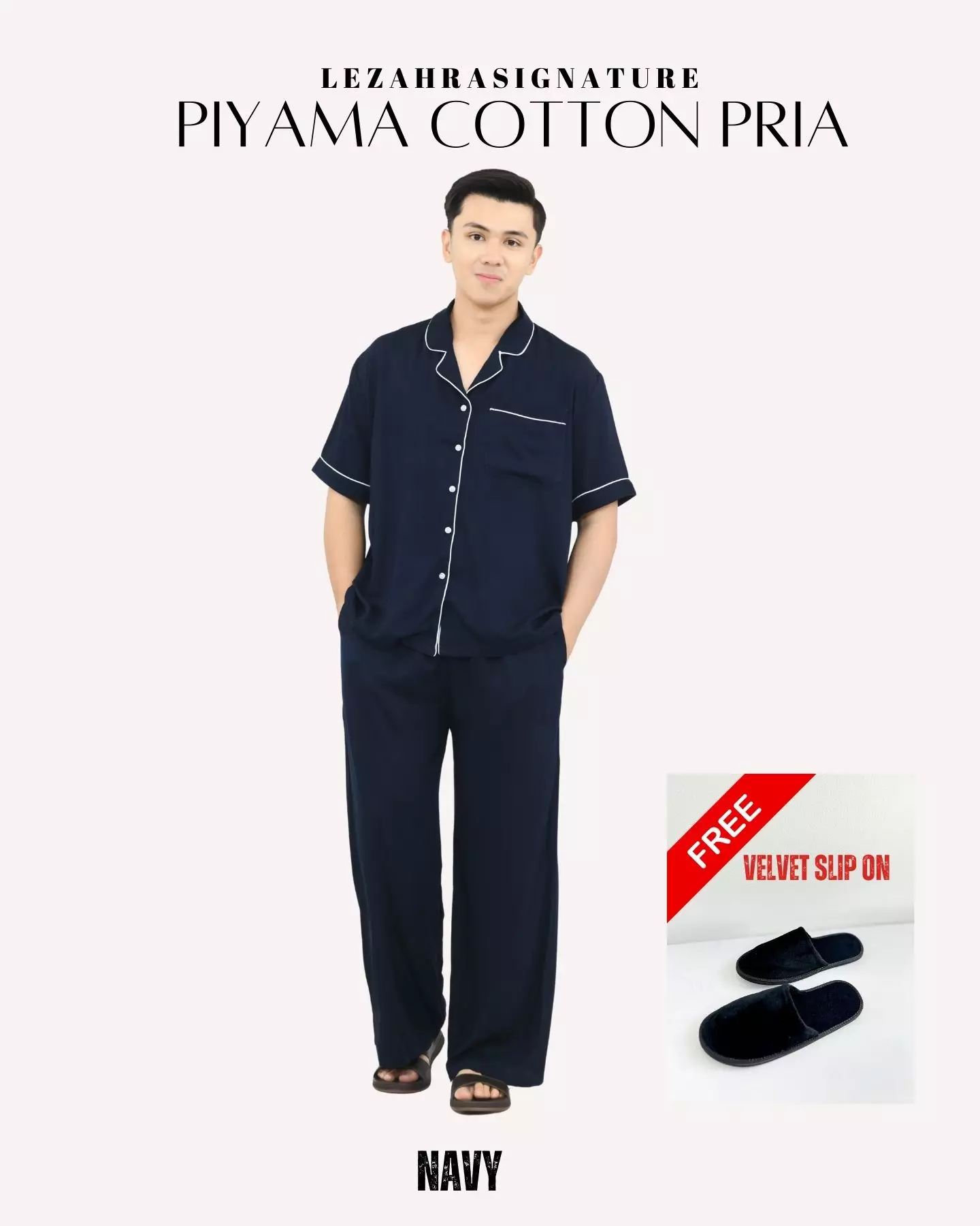Set Piyama Cotton Riu Setelan Baju Tidur Pria BIRU FREE SLIP ON