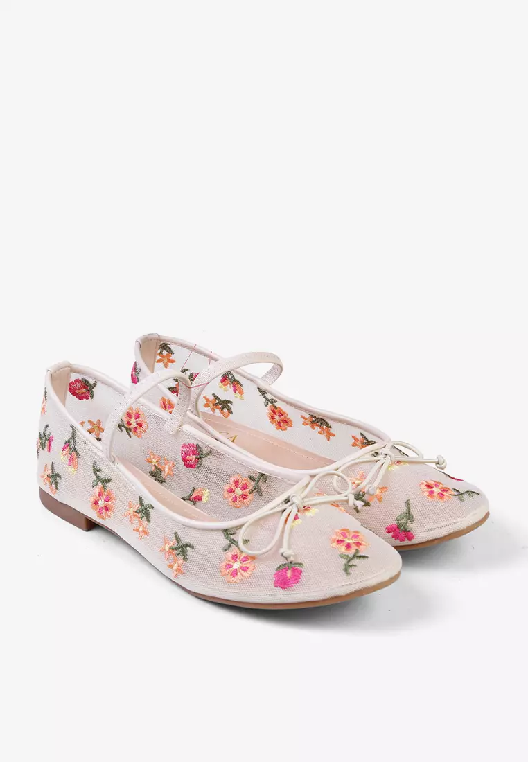 Lyla Mary Jane Mesh Flat Shoes Embroidery Ballerina Flower Cream