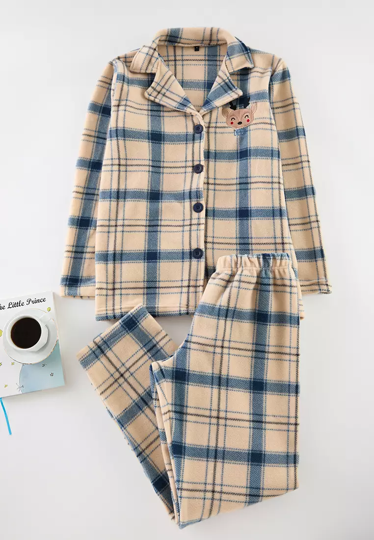 Embroidered Plaid Polar Winter Knitted Pajama Set