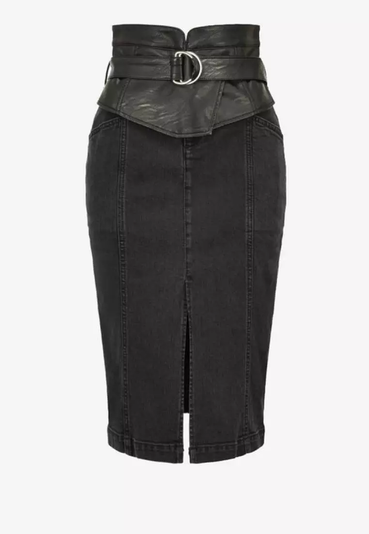 Buy Pinko PINKO Black leather-effect denim midi skirt Online | ZALORA ...