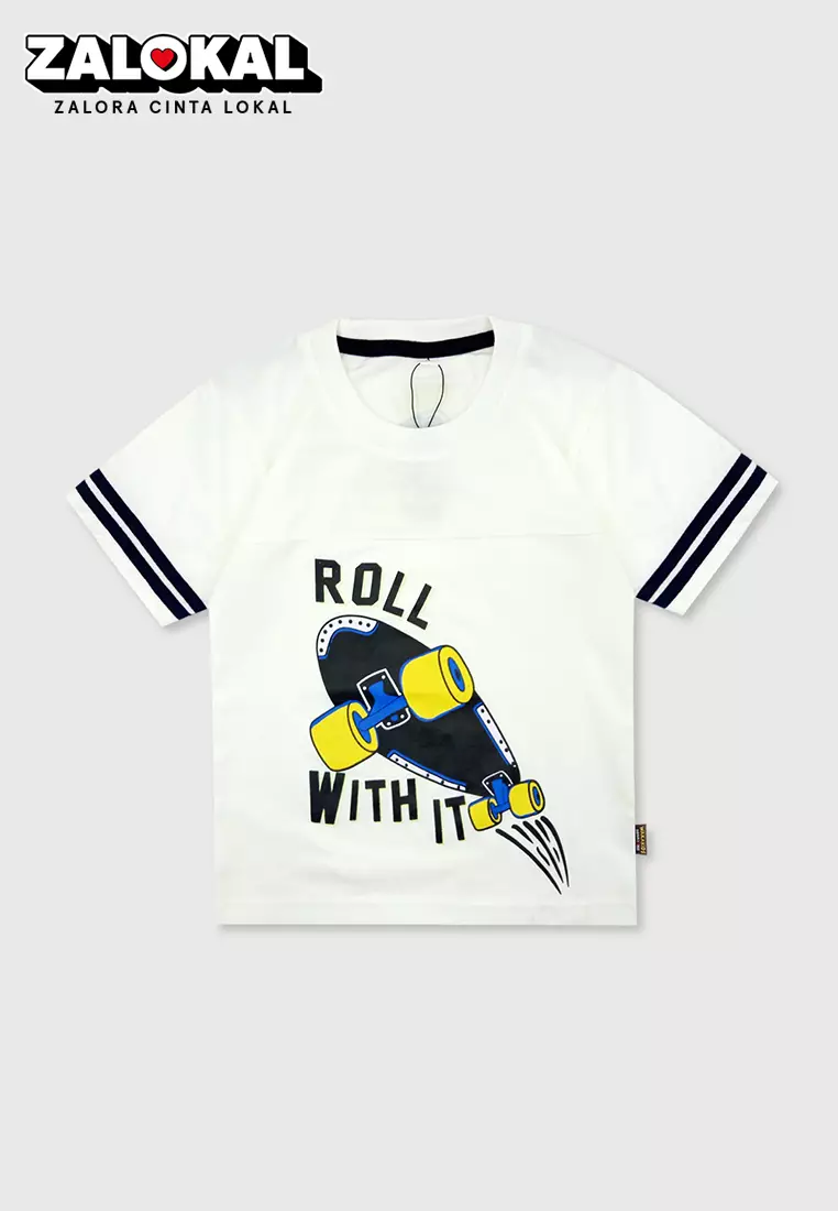 Wakakids Kaos Anak Laki Laki Atasan Baju Oblong Lengan Pendek Motif Roll With It 3948 Putih