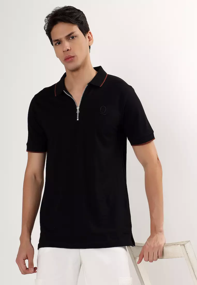 Mens Black with Brown Tipping Collar Cotton Polo Shirt/T-Shirt With Zip, Short Sleeve, Relaxed Fit, Smart Casual, Loungewear