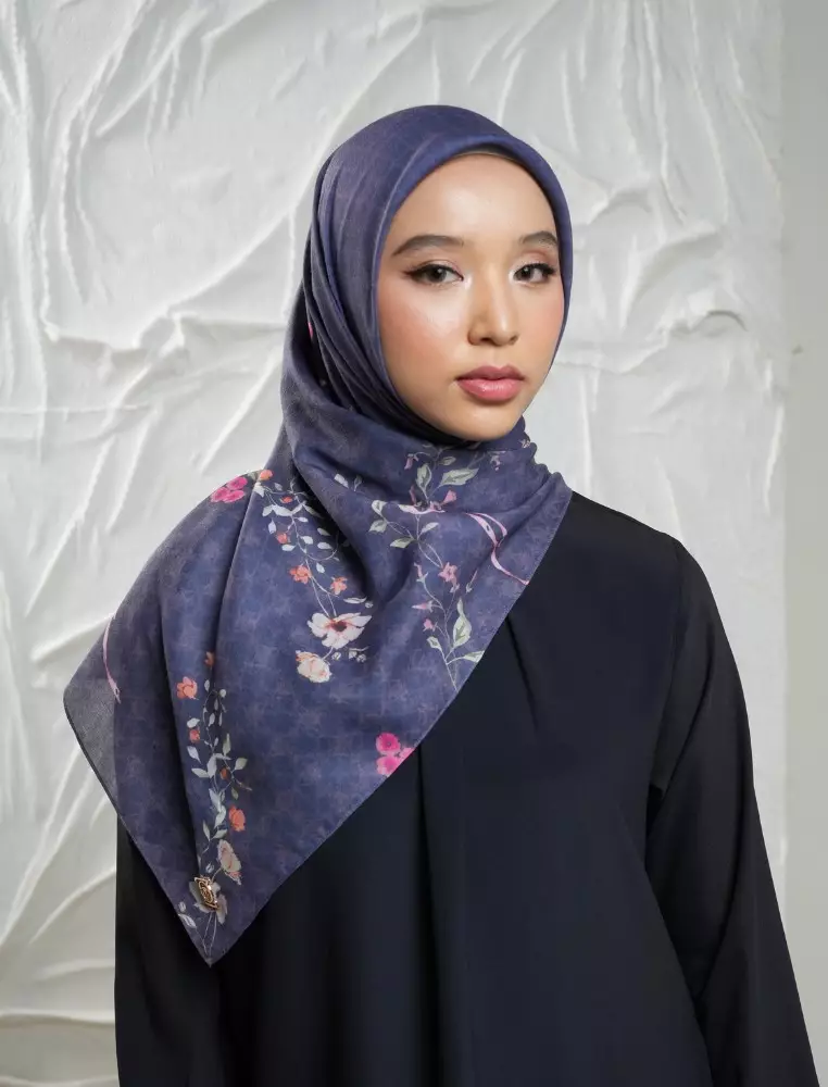 FLEUR Scarf Navy - Kerudung Hijab Segiempat Motif With BOX - Bahan Nesla - Ukuran 115x115