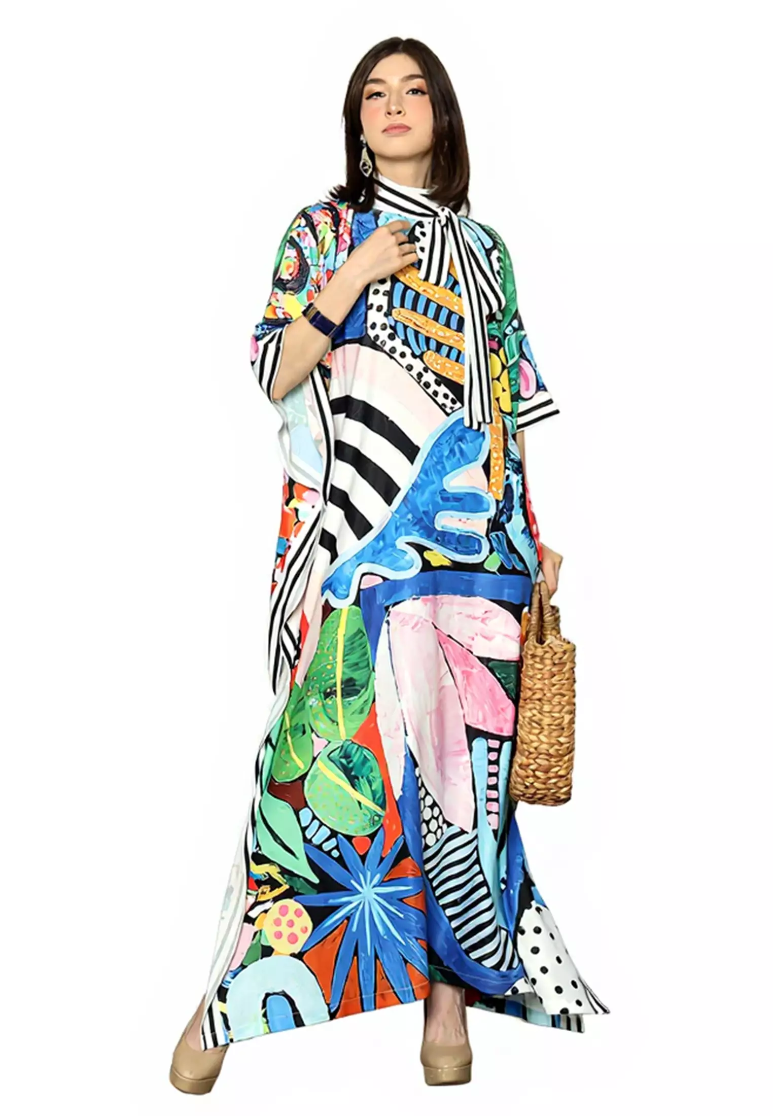 Kanzi Collection Short Sleeve Ribbon Collared Abstact Kaftan