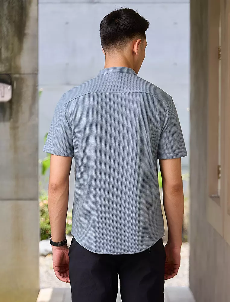 OXCON kemeja Tangan Pendek Waffle Kerah Collarless Blue Grey