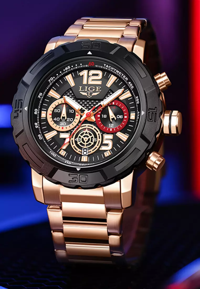 Chronograph Unisex IP Rose Gold Stainless Steel Quartz Watch, IP Black Bezel, Metal Bracelet