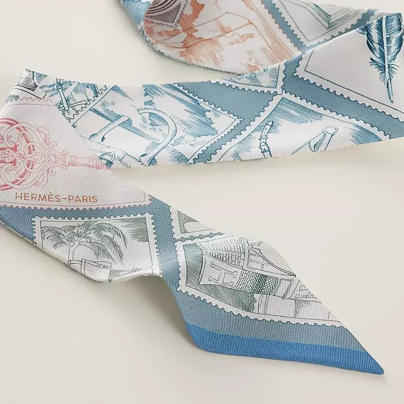 Twilly soie Le Philateliste Moven/Blanc/Rose