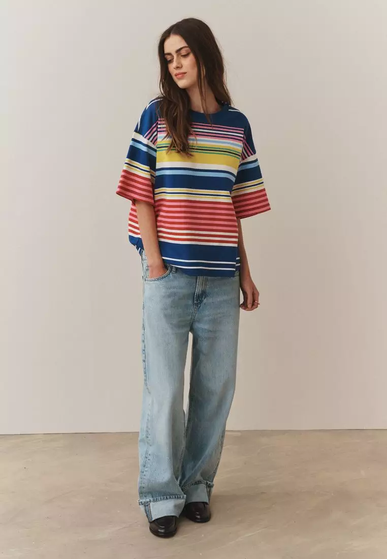 Relaxed Boxy Elbow Length Crew Neck T-Shirt