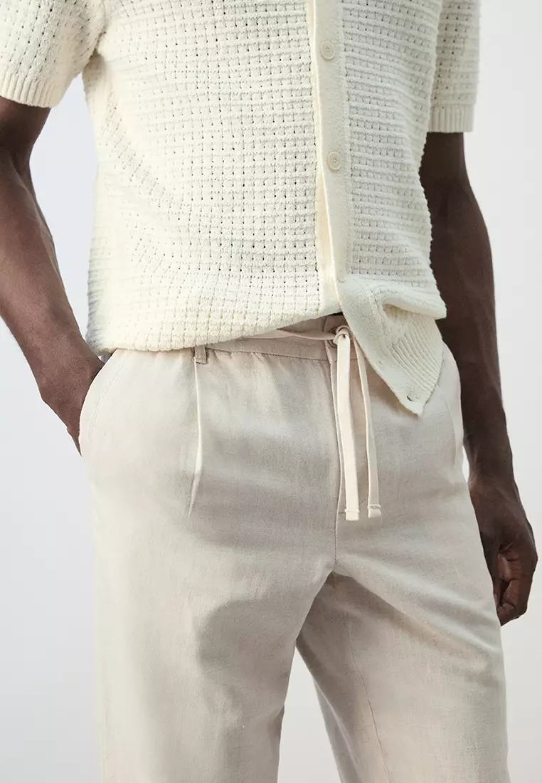 修身剪裁 短版亞麻棉質長褲