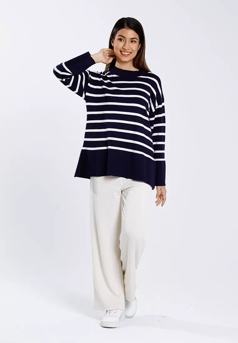 Forest Ladies Striped Knit Top Women Long Sleeve Knitted Sweater | Baju Perempuan Lengan Panjang - 822446-33Navy
