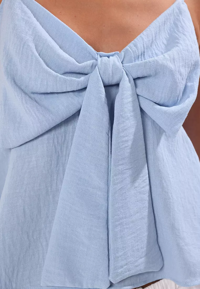 Light Blue Linen Look Bow Detail Woven Blouse with Straps TWOSS25BZ00249