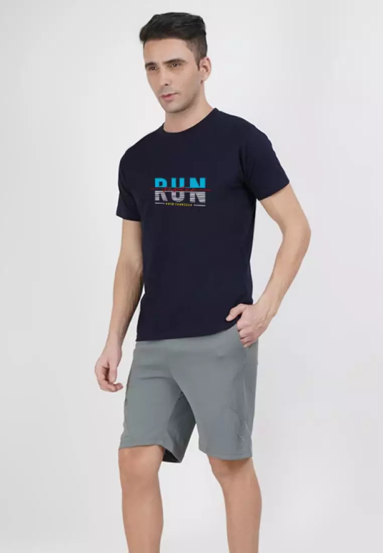 Run Graphic Print 海军蓝棉混纺短袖必备 T 恤
