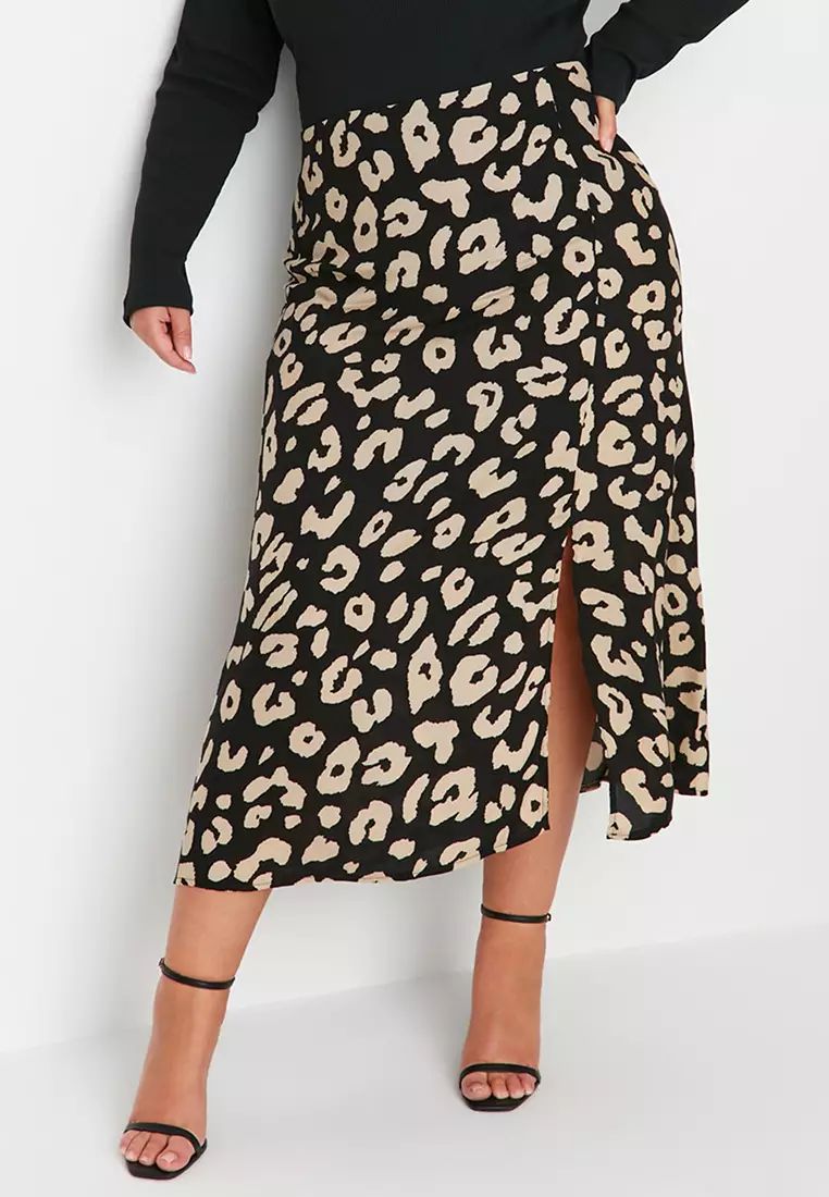Buy Trendyol Plus Size Black Animal Patterned Weave Viscose Skirt