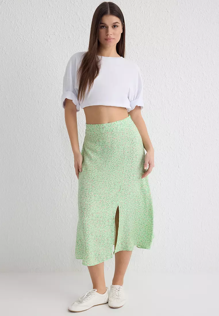 Light Green Slit Detail Fabric Floral Patterned Midi Woven Skirt