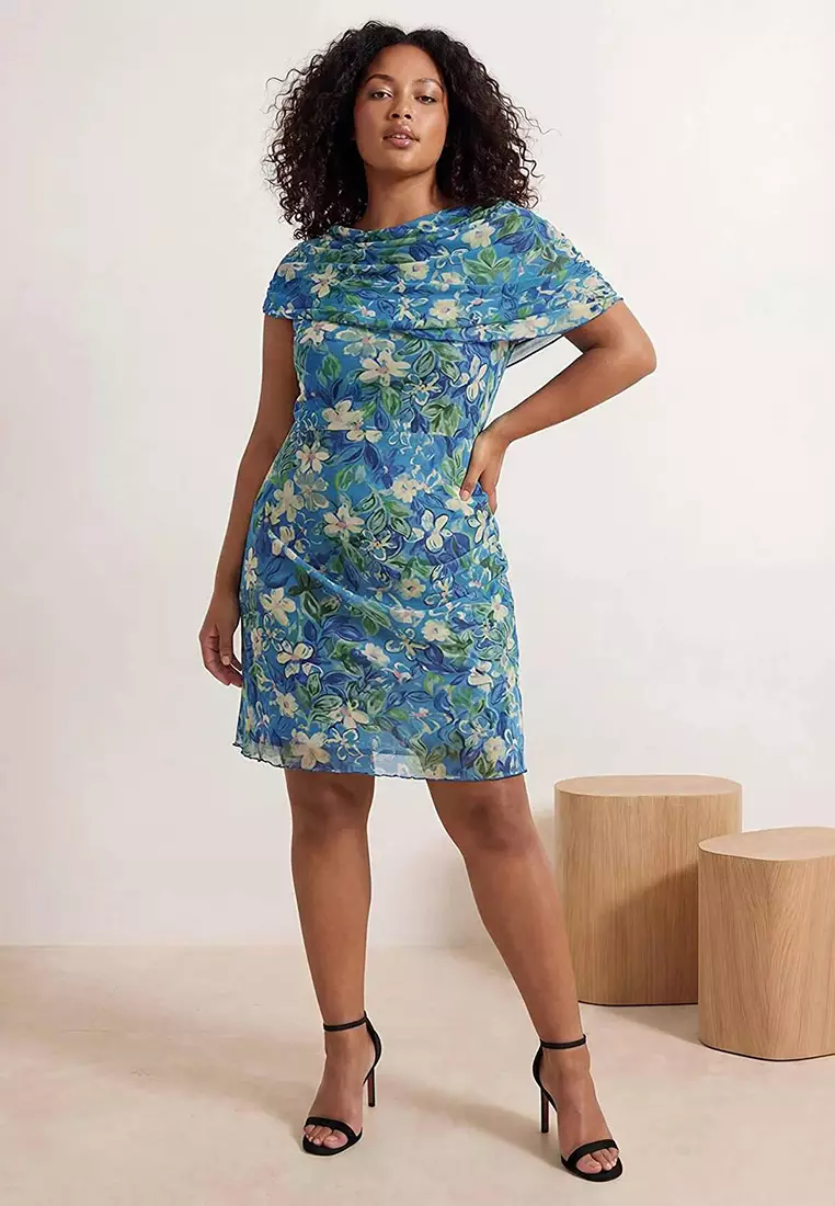 Limited Edition Blue Floral Print Tulle Knitted Plus Size Dress Tbbss26Ah00182