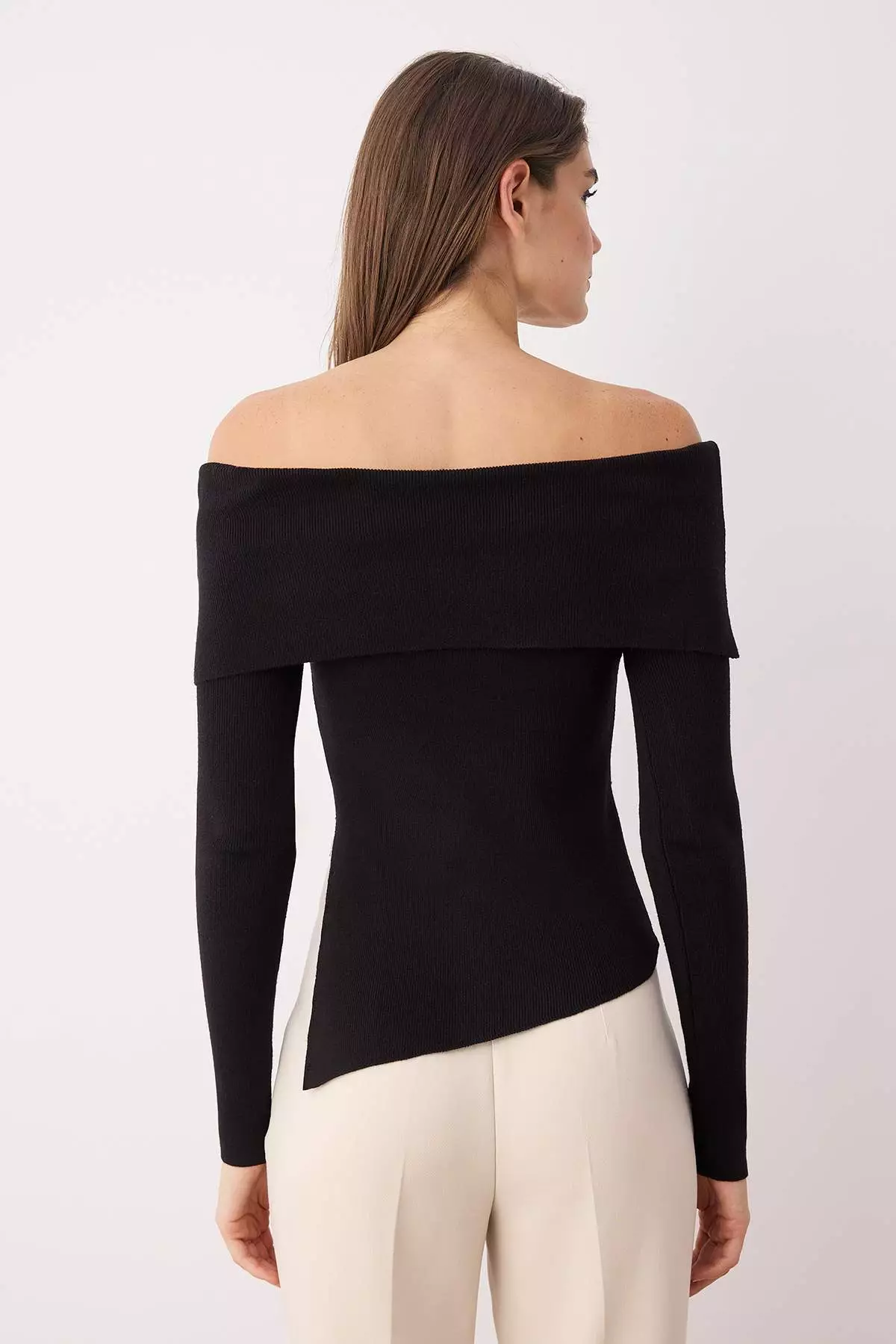 Black Premium Yarn/Special Yarn Carmen Collar Knitwear Sweater