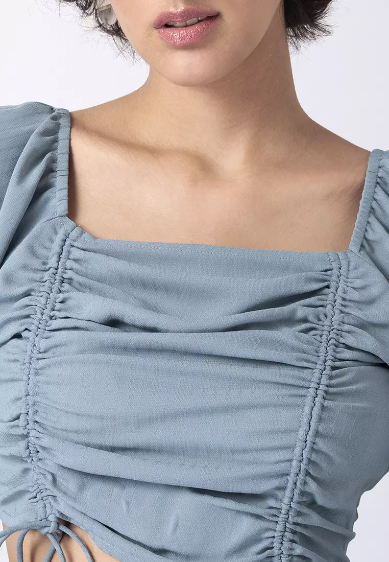Blue Ruched Crop Top and Slit Skirt Co-ord Set