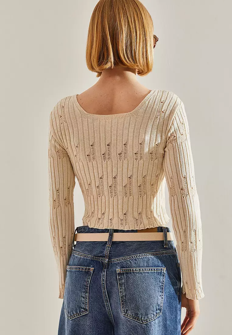 Women's Square Collar Long Sleeve Thin Openwork Blouse 60251084