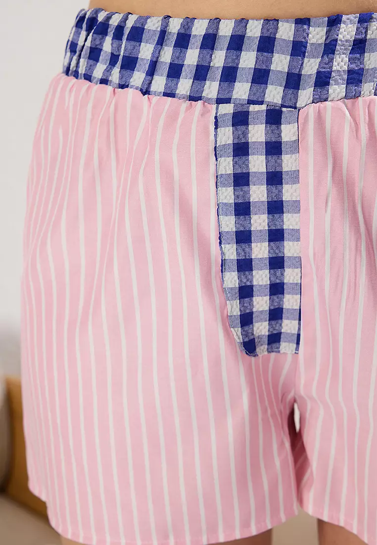 Couple White Cotton Striped Plaid Shorts Knitted Pajama Set