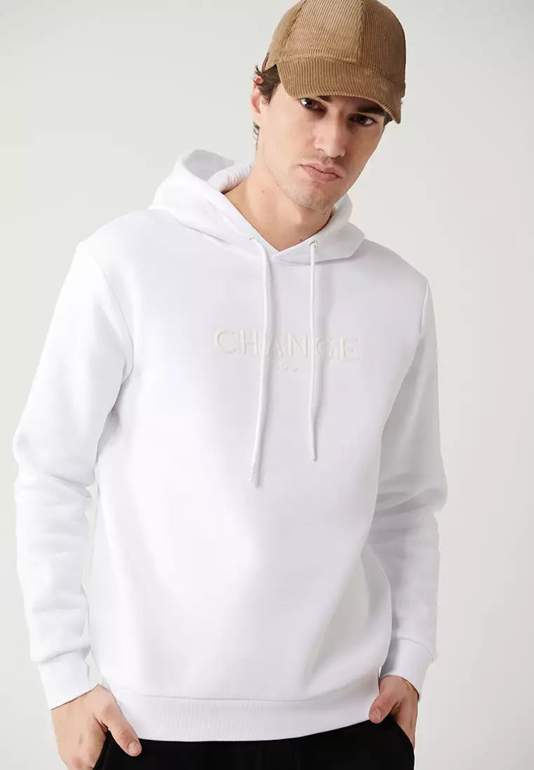 Men's White Hooded 3 Thread Raised Printed Sweatshirt A32Y1240