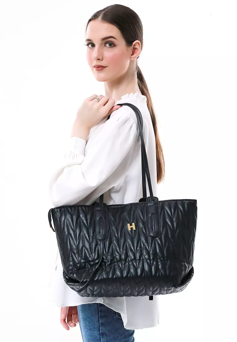 Laura Tas Kerja Wanita Tote Bag Motif Polos Large Compartment Material Leather ORIGINAL - Black