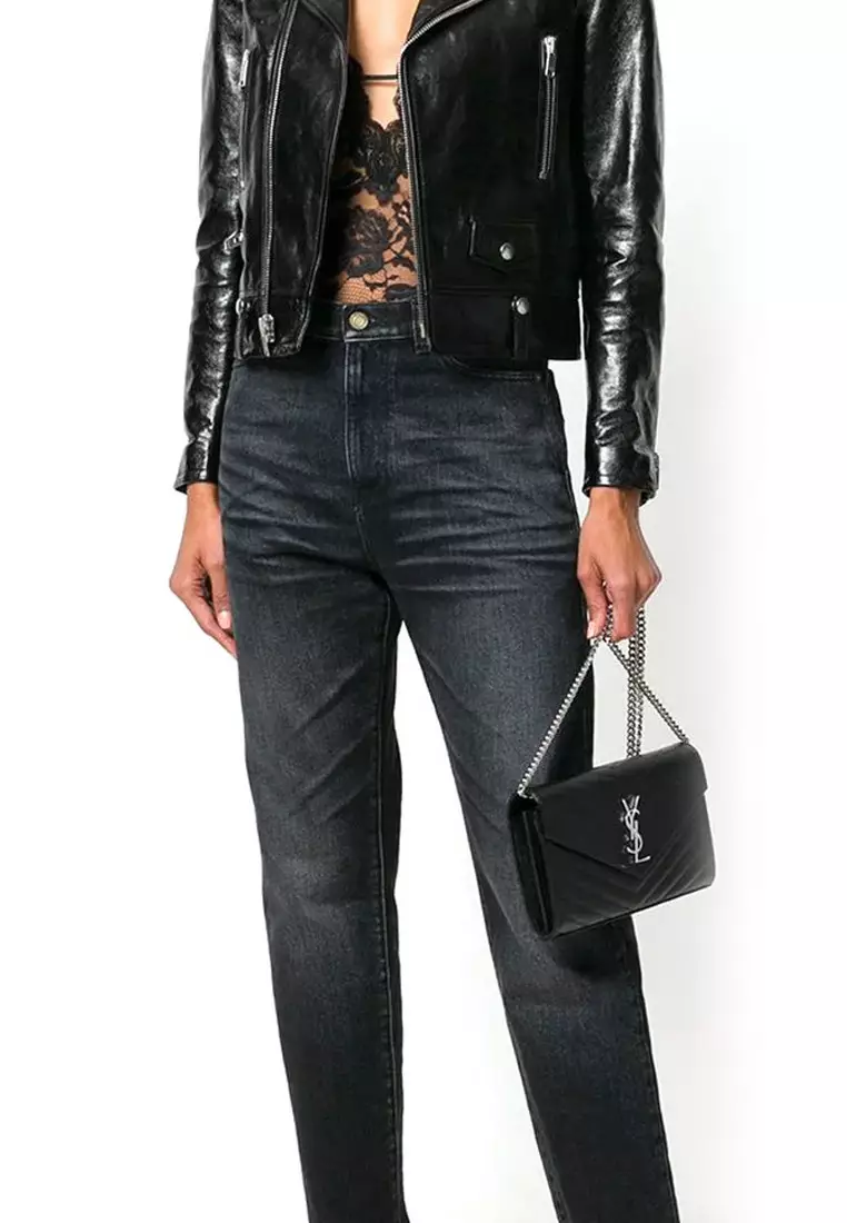 Cassandre Matelassé In Grain De Poudre Embossed Leather Chain Wallet in Black/Sliver