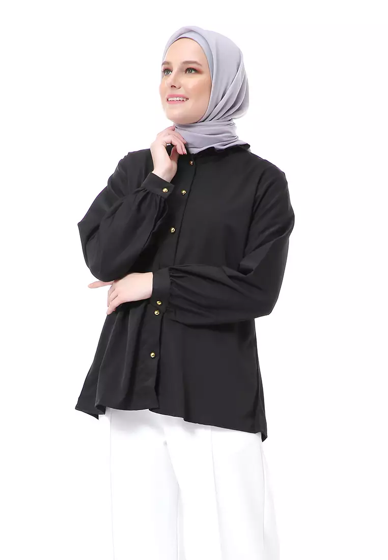 Blouse Muslimah Atasan Wanita Ballon Sleeve Regular Fit - Black