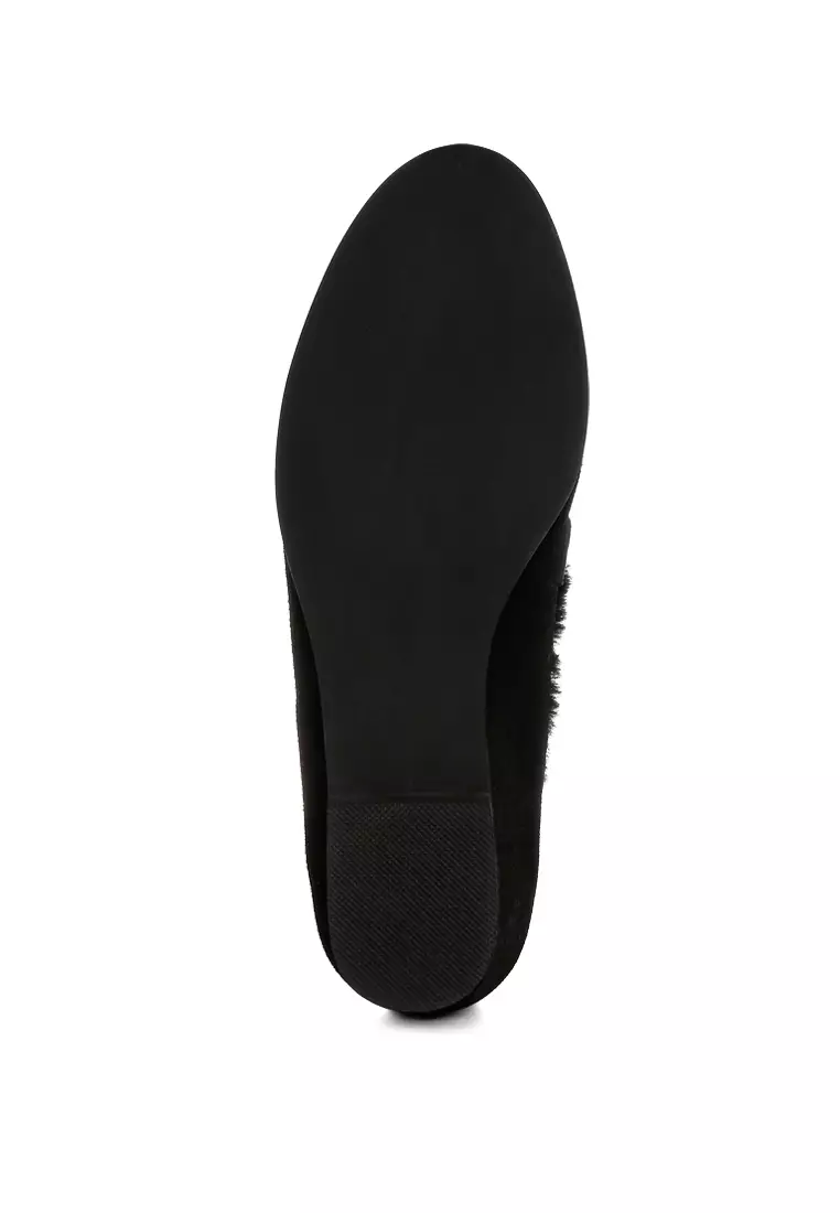 Suede & Faux Fur Flat Loafers In Black
