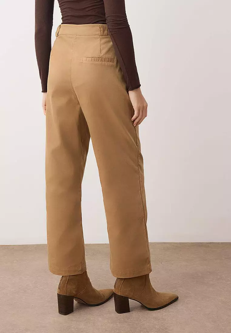 Beige Brown Velvet Straight Cut Trousers