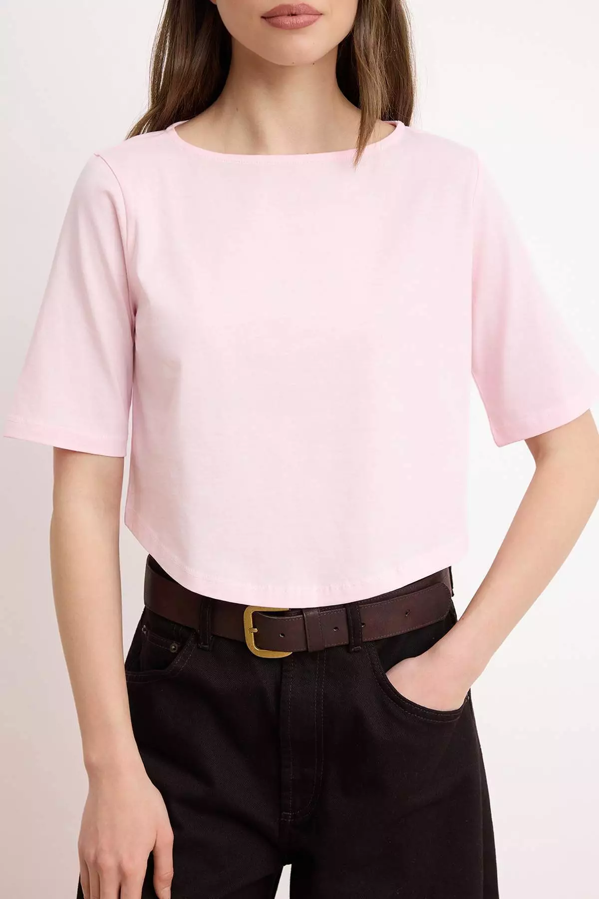 Light Pink Regular Fit Three Quarter Sleeve 1% Cotton Knitted T-Shirt Twoss26Ts2