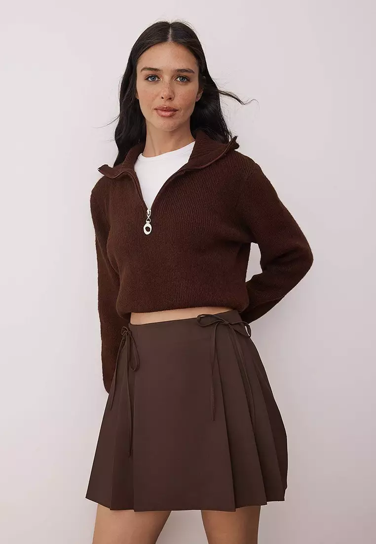 Brown Pleated And Ribbon Detailed Mini Length Woven Skirt Tedaw25Et12