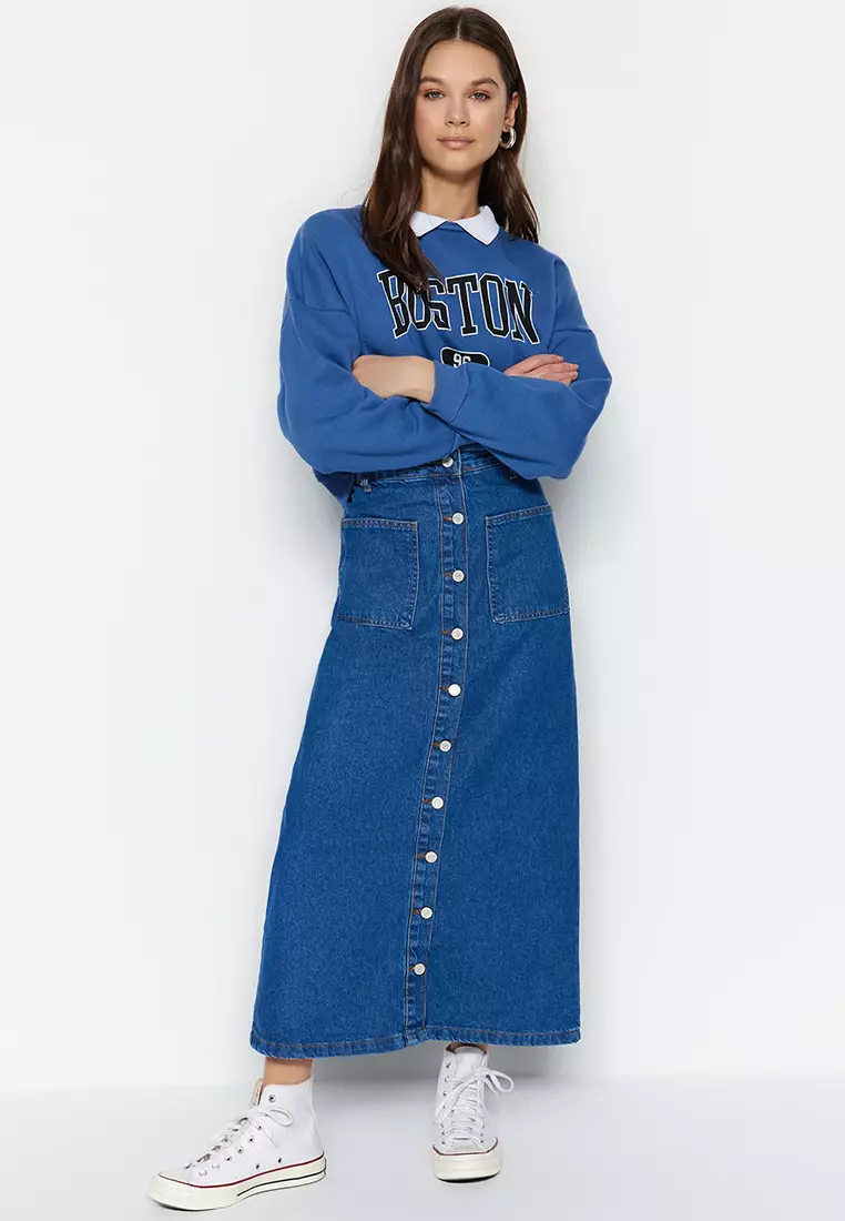 Buttoned High Waist Denim Skirt